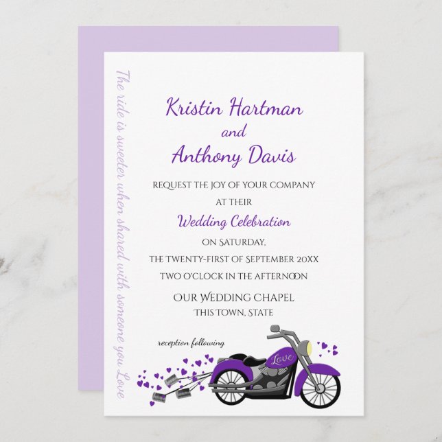 Purple Motorcycle and Hearts Wedding Invitation (Front/Back)