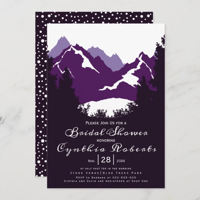 Purple mountains, conifers wedding bridal shower invitation (Front/Back)