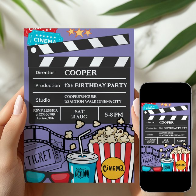 Purple Movie Night Birthday Party For Boys Invitation (Creator Uploaded)