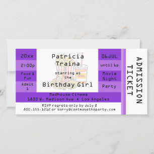 Purple Movie Night Party Admission Ticket Invite