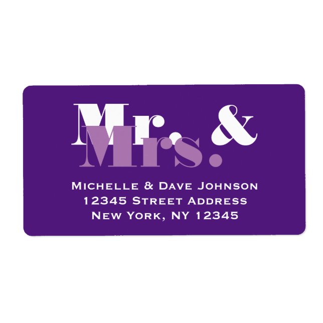 Purple Mr and Mrs address labels for wedding mail (Front)