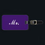 Purple Mr and Mrs luggage tag for him<br><div class="desc">"mr and mrs", "his and hers", "his and her", "mr. and mrs", "mr & mrs", "his & hers", "his & her", couples, couple, "luggage tag", luggage, tag, tags, suitcase, bag, set, pair, bride, groom, his, her, hers, mr., mrs, mister, miss, misses, missus, script, cursive, fancy, stylish, married, "just married", marriage,...</div>