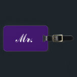 Purple Mr and Mrs luggage tag for him<br><div class="desc">"mr and mrs", "his and hers", "his and her", "mr. and mrs", "mr & mrs", "his & hers", "his & her", couples, couple, "luggage tag", luggage, tag, tags, suitcase, bag, set, pair, bride, groom, his, her, hers, mr., mrs, mister, miss, misses, missus, script, cursive, fancy, stylish, married, "just married", marriage,...</div>