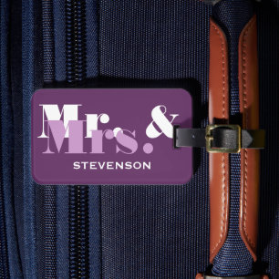 Purple Mr and Mrs travel luggage tag for newlyweds