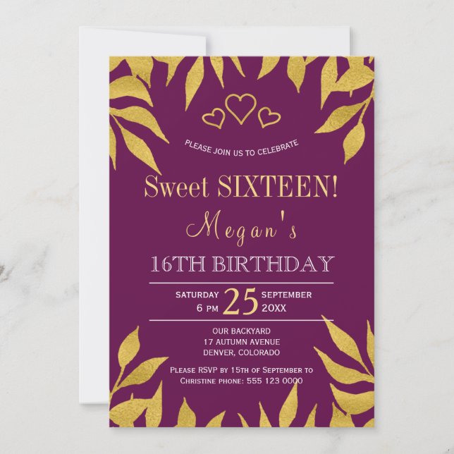 Purple mulberry gold fall leaves sweet sixteen invitation (Front)