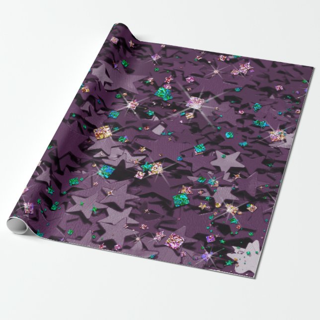 Purple & Multi-Coloured Sparkly Stars Wrapping Paper (Unrolled)