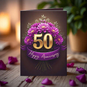 Purple Mum Flowers Golden 50th Wedding Anniversary Card