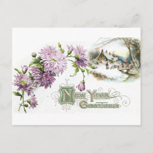 Purple Mums Vintage New Year with Vignette Holiday Postcard