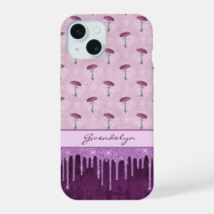 Purple Mushroom Dream and Glitter Drips Monogram iPhone 15 Case