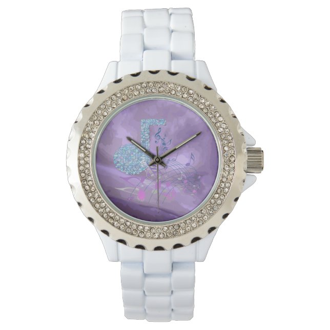 Purple Music Notes Abstract Rhinestone White Watch (Front)