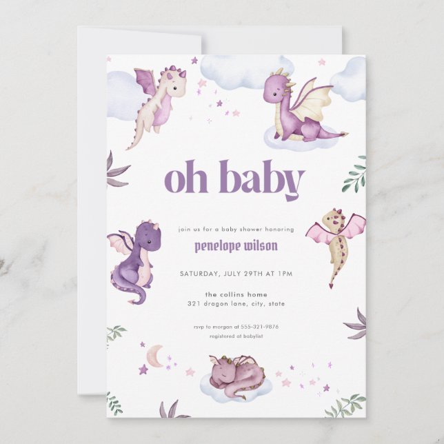 Purple Mythical Dragon Baby Shower Invitation (Front)