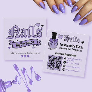 Purple Nail Tech Gothic Lettering QR Code Square Business Card
