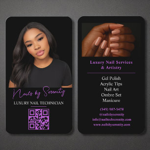 Purple Nails Technician QR Code Luxury Black  Business Card
