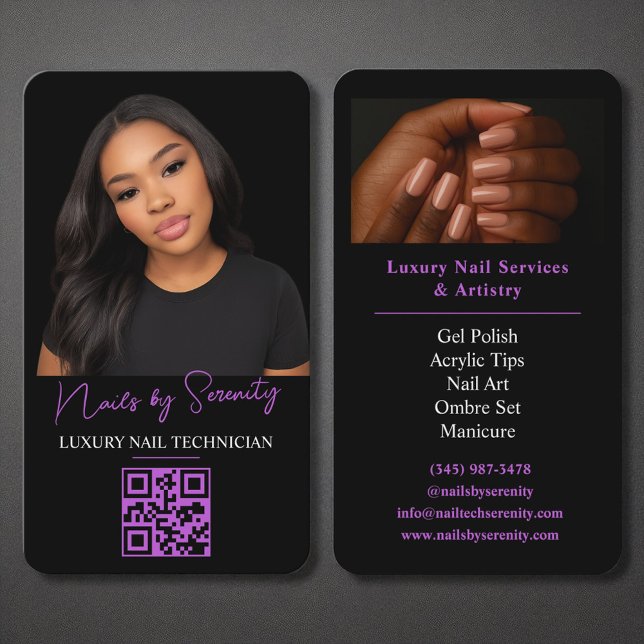 Purple Nails Technician QR Code Luxury Black  Business Card (Creator Uploaded)