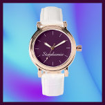 Purple Name Classy Glam Rose Gold White Band Wrist Watch<br><div class="desc">This elegant stylish glam rose gold womens wrist watch is decorated with an aubergine purple background, white band, and personalised with your name. You can easily change the name and delete the white number lines if desired. What a wonderful modern gift for a bridesmaid, maid of honour, graduation, mother's day,...</div>