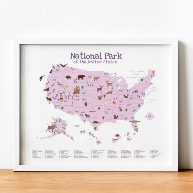 Purple National Park Map Woodland Nursery Print (Purple National Park Map Woodland Nursery Print)