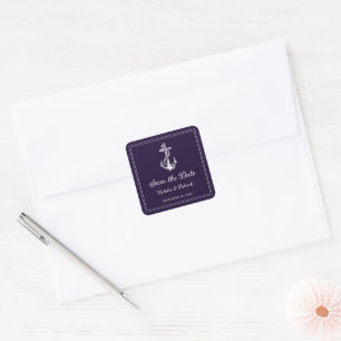 Purple Nautical Anchor Save the Date Square Sticker