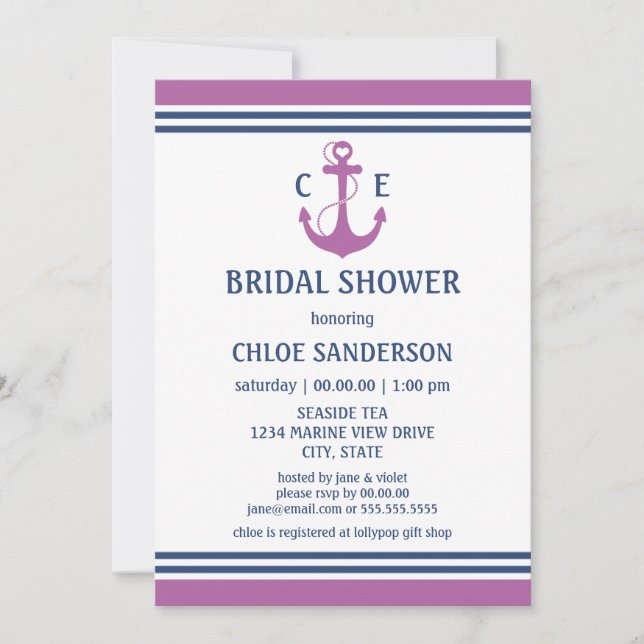 Purple Nautical Bridal Shower Invitations (Front)