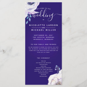 Purple Navy Blue and Lilac Flowers Wedding Program Menu