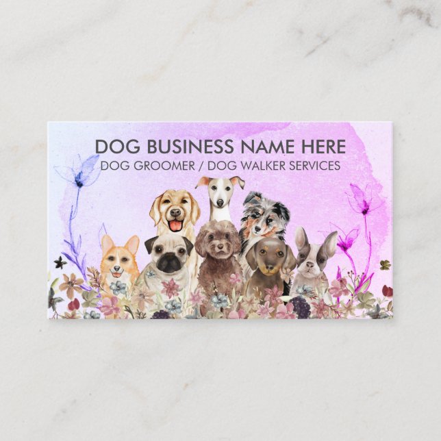 Purple Navy Pink Flowers Pet Sitter Walker dogs Business Card (Front)