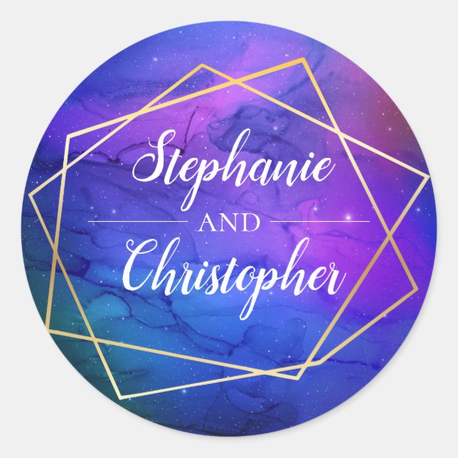 Purple Nebula Celestial Art Geometric Gold Wedding Classic Round Sticker (Front)