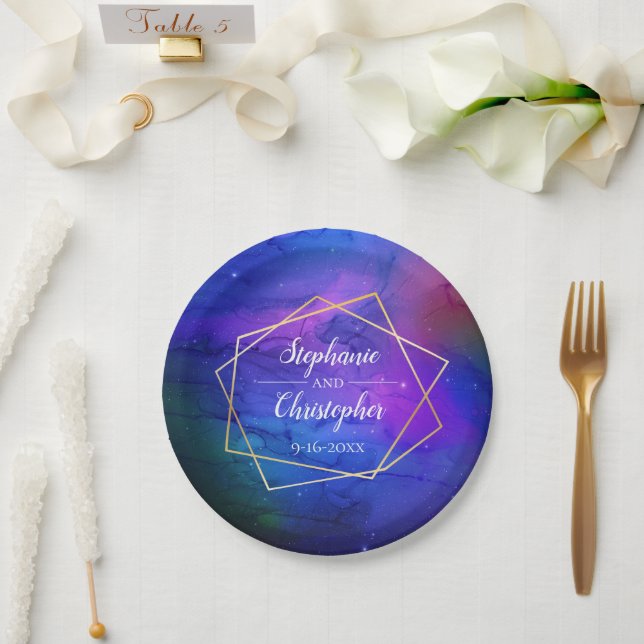 Purple Nebula Celestial Art Geometric Gold Wedding Paper Plate (Wedding)