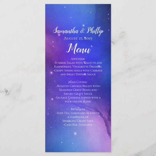 Purple Nebula Celestial Art Outer Space Wedding Menu (Front)