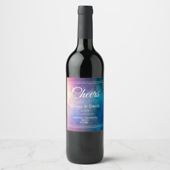 Purple Nebula Clouds Wedding Wine Label (Front)