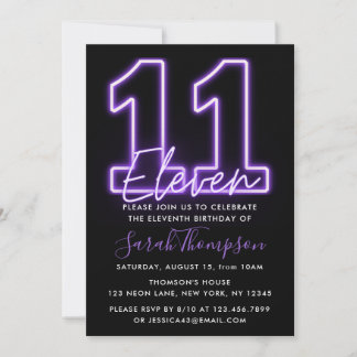 Purple Neon 11th Birthday Invitation