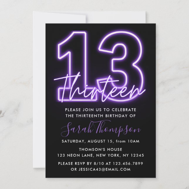 Purple Neon 13th Birthday Invitation (Front)