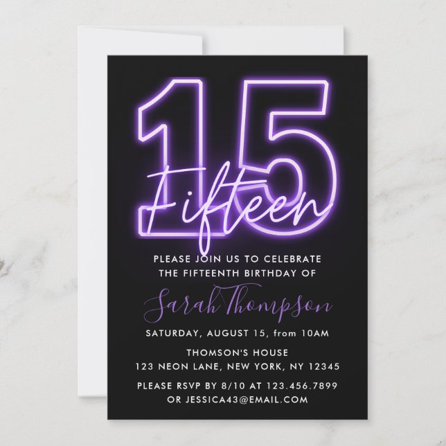 Purple Neon 15th Birthday Invitation (Front)