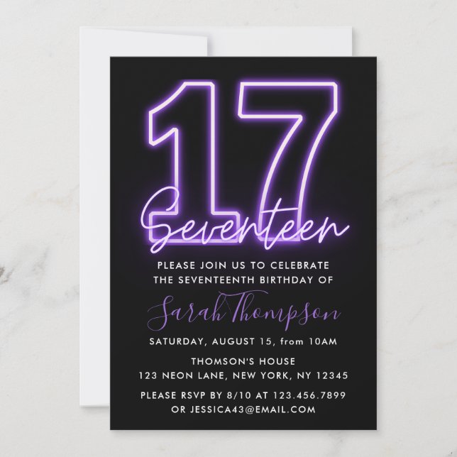Purple Neon 17th Birthday Invitation (Front)