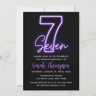 Purple Neon 7th Birthday Invitation