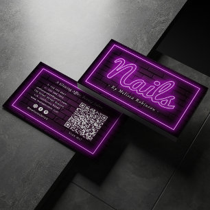 Purple Neon & Brick Wall Nail Artist with QR Code Business Card