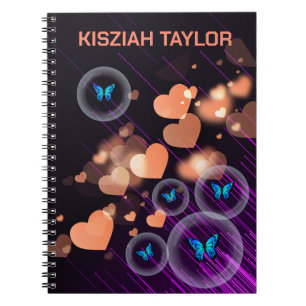 Purple Neon Butterfly Girls Heart Cute Custom Name Notebook