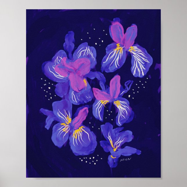 Purple Neon Flowers At Night Poster (Front)