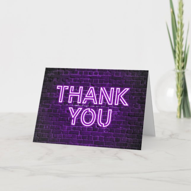 Purple Neon Glow Black Brick Wall Thank You Card (Front)