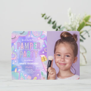 Purple Neon Glow Pamper Spa Party Birthday Photo Invitation