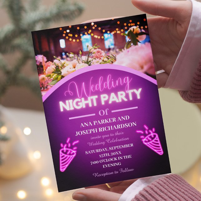 Purple Neon Lights Modern Wedding Night Party Invitation (Creator Uploaded)