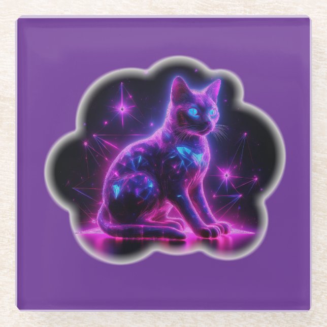Purple Neon Siamese Cat With Blue Eyes & Starburst Glass Coaster (Front)
