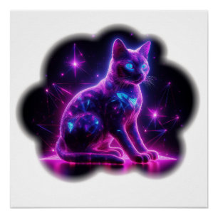 Purple Neon Siamese Cat With Blue Eyes & Starburst Poster