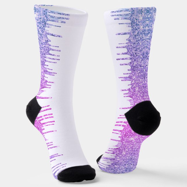 Purple Neon Sparkly Drips White Socks (Angled)