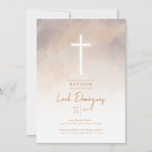 Purple Neutral Colour Watercolor Baptism Invitatio Invitation (Front)