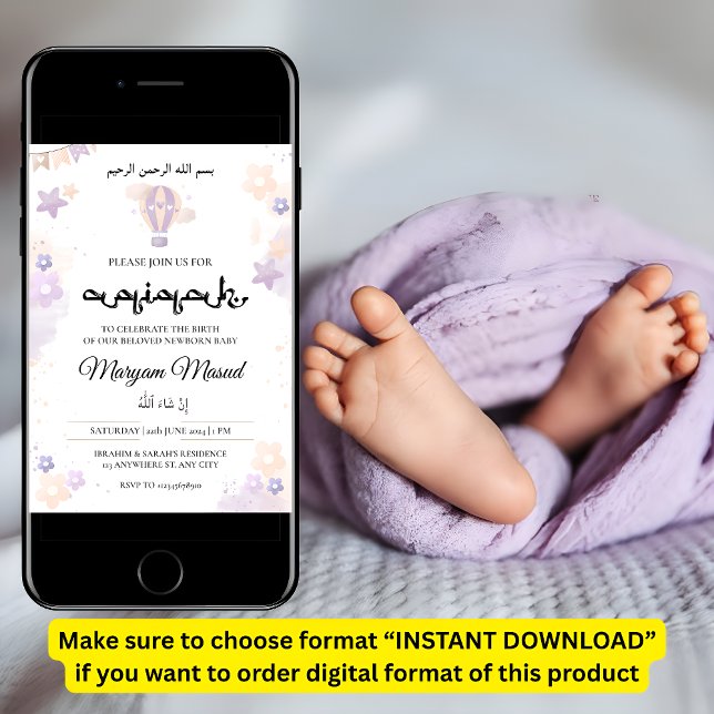 Purple Newborn Baby Girl Aqiqah Aqeeqa Muslim Invitation (Creator Uploaded)