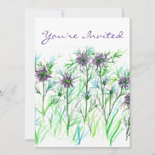 Purple Nigella Watercolor Flowers Bridal Shower Invitation