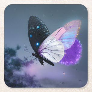 Purple Night Butterfly Square Paper Coaster