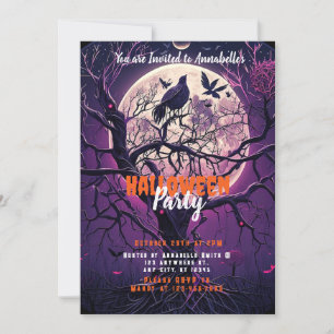 Purple Night Full Moon Creepy Tree Halloween Party Invitation