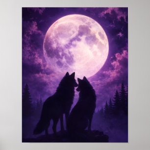 Purple Night Sky Wolves Wall Art