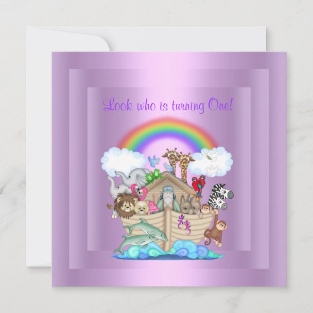 PURPLE NOAHS ARK PARTY INVITATION rainbow (Front)