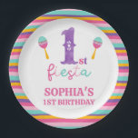 Purple Number Fiesta 1st Birthday Paper Plate<br><div class="desc">Purple Number Fiesta 1st Birthday Paper Plate

Girls fiesta themed first birthday paper plate featuring a colorful striped pattern,  large purple number,  some maracas and some multicolored text.</div>